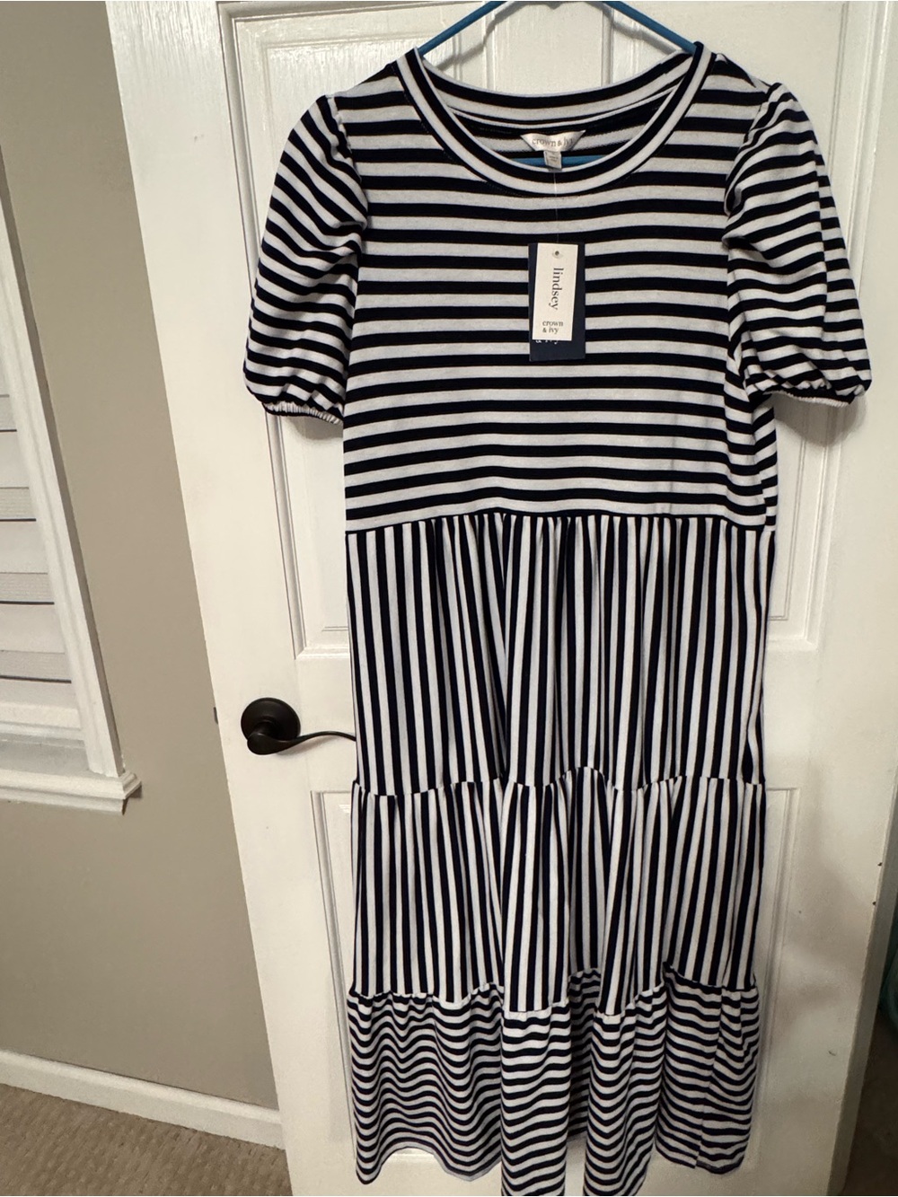 crown & ivy Navy and White Striped Tiered Casual Dress
